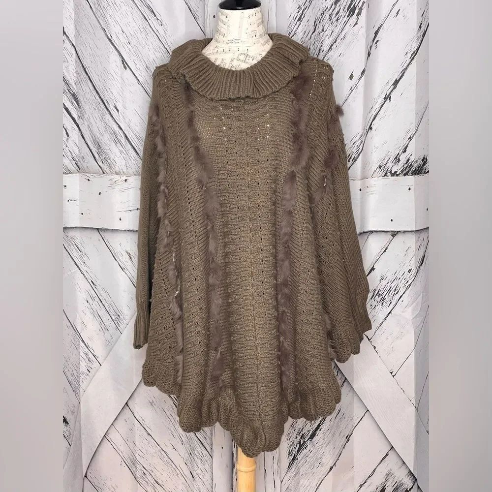 Sanjoy Brown Pullover Swing Ponch w/Sleeves Fur Trim L